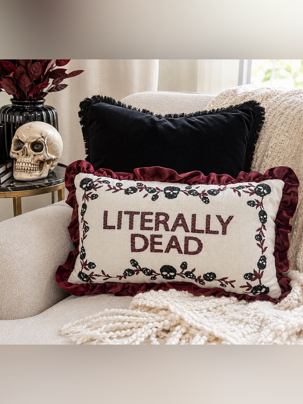 Literally Dead Skull Floral Ruffle Decorative Pillow 12x20 Gothic Halloween